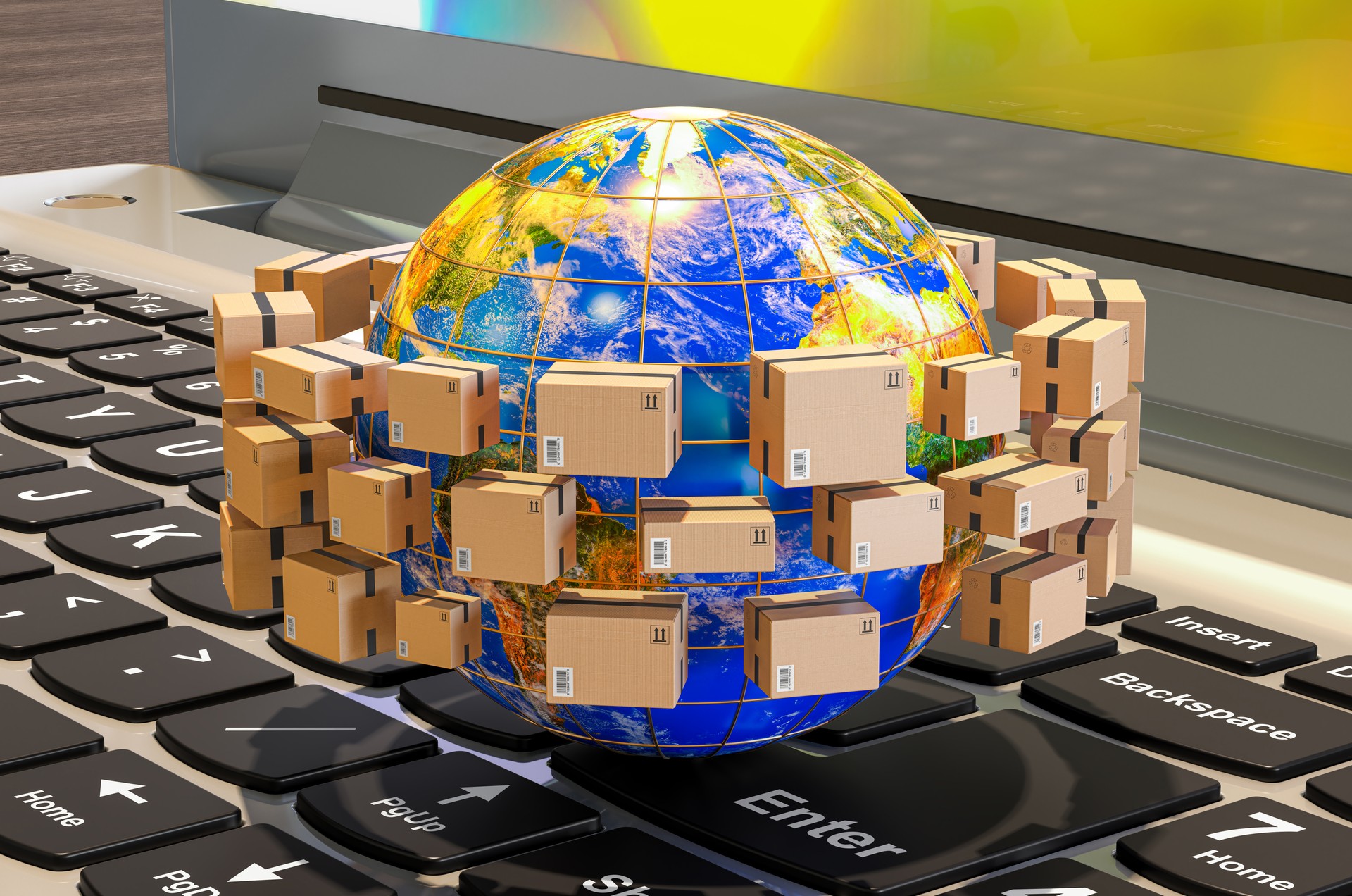 Earth Globe with parcels around on keyboard of laptop. Global shipping and delivery concept, 3D rendering