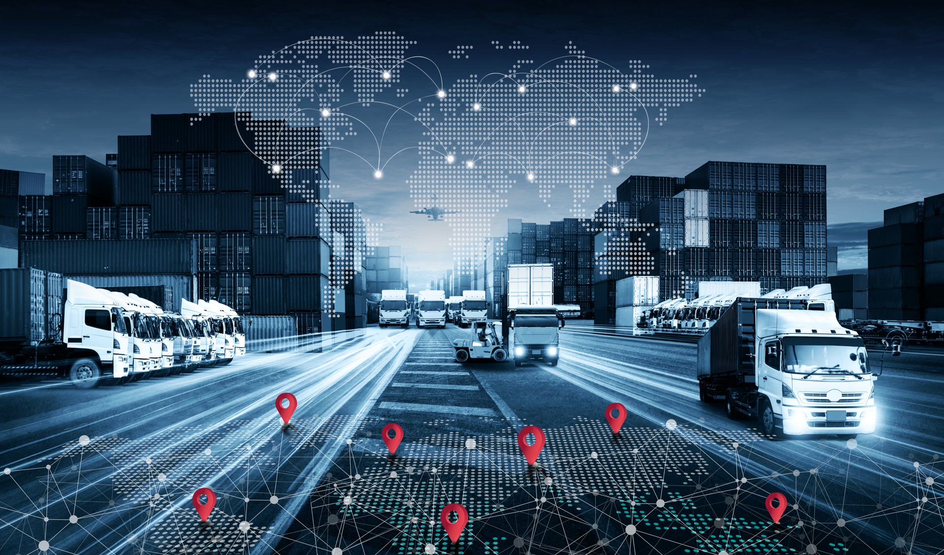 World map with logistic network distribution on background. Logistic and network transport concept in front Logistics Industrial Container Cargo freight ship